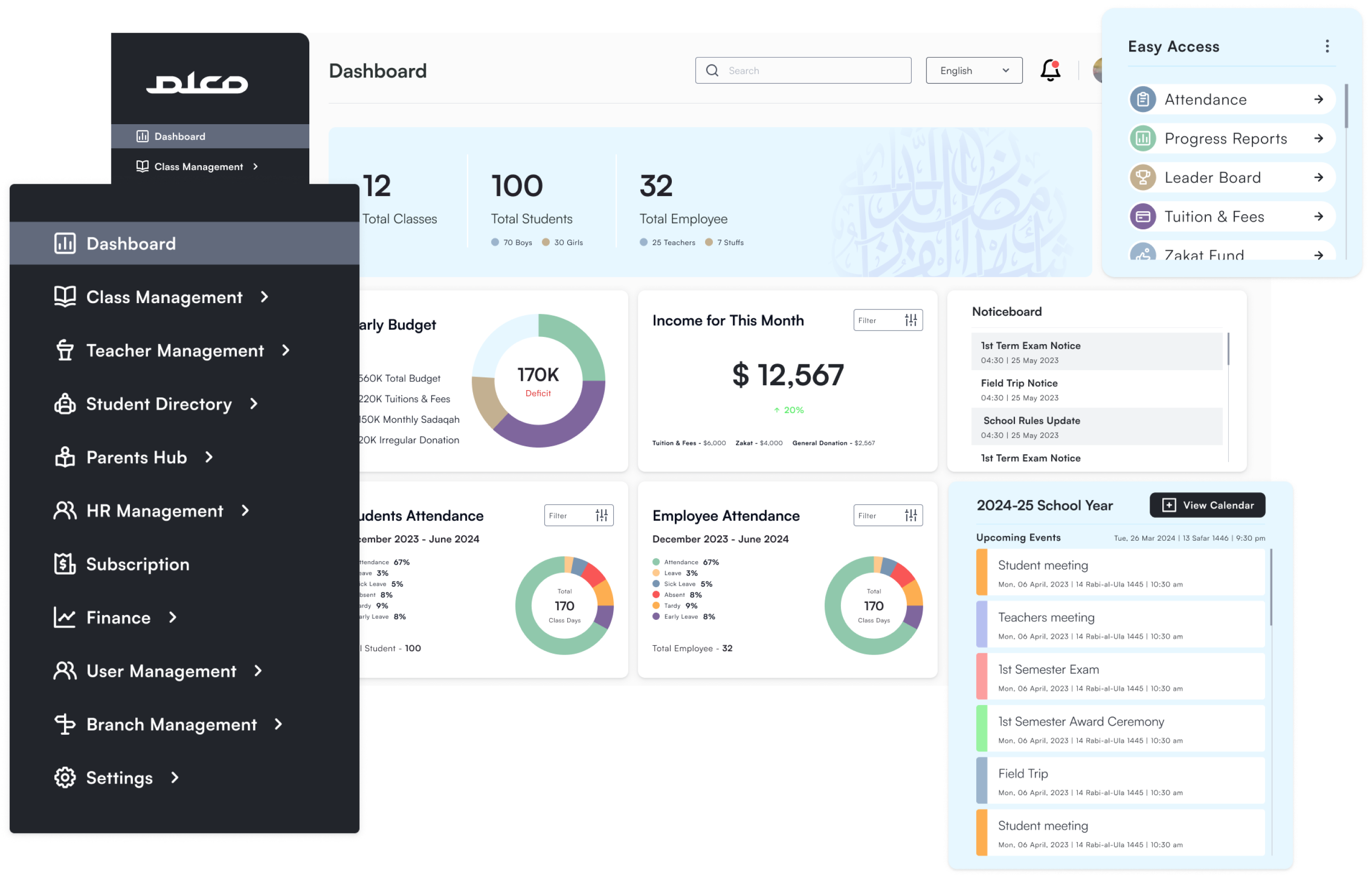 Muallim admin dashboard showing attendance, enrolment and finance overview